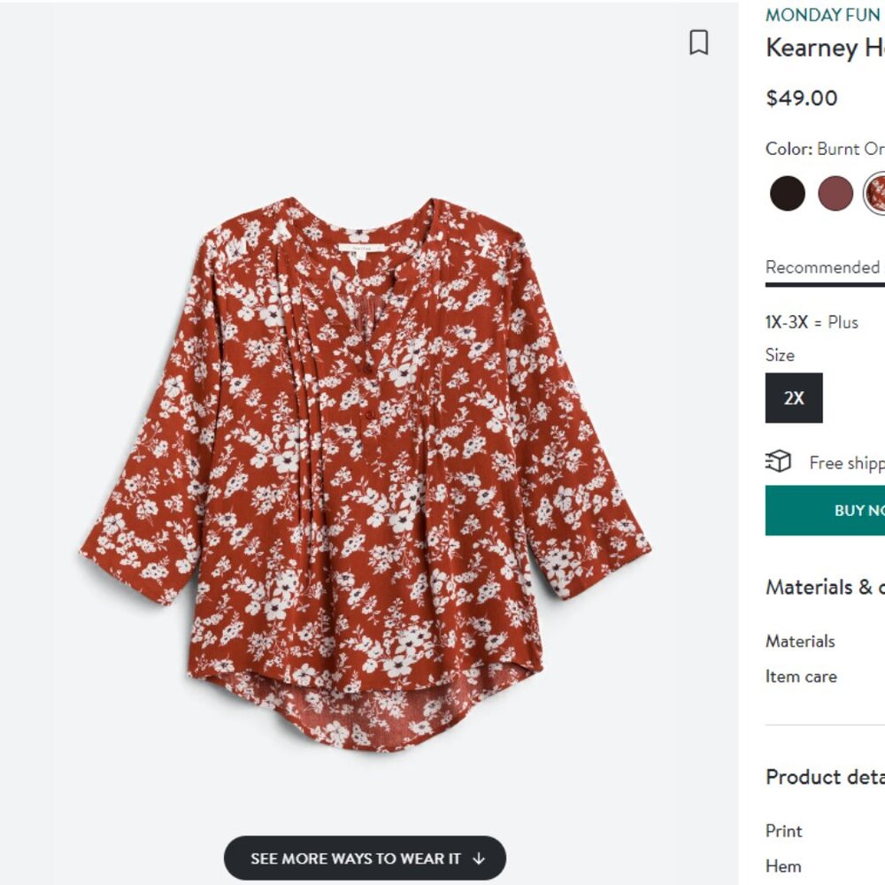 Monday Fun Kearney Helnley Blouse, burnt orange, plus size 2X